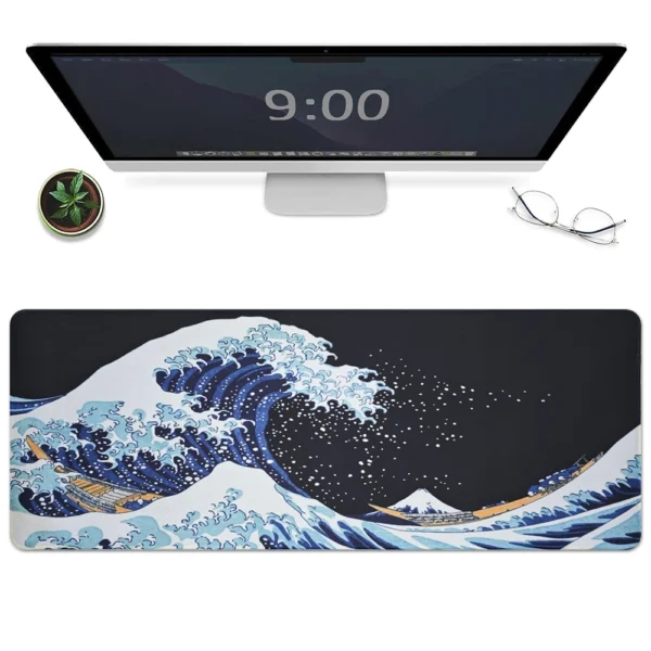 Blue Japanese Sea Wave Mouse Pad  Large Gaming Mousepads with Non Slip Rubber Base Desk Mat