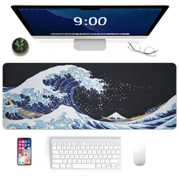 Blue Japanese Sea Wave Mouse Pad  Large Gaming Mousepads with Non Slip Rubber Base Desk Mat