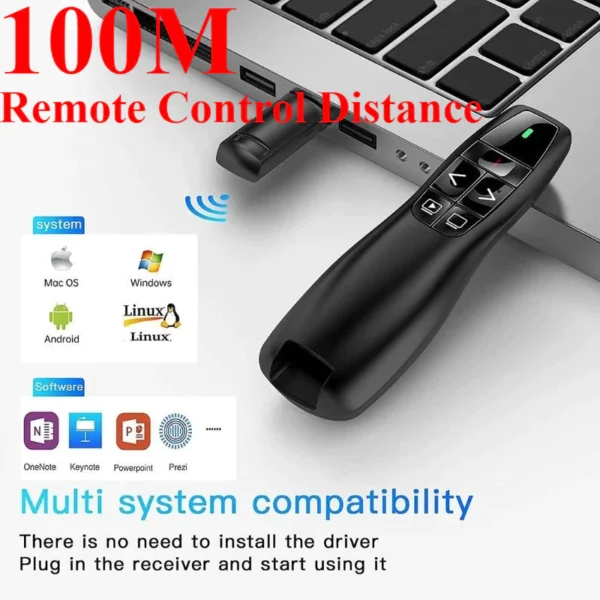 sg-11134201-7rep8-m8pts9u9sw7p66.webp R400 Portable Wireless Presenter Pointer 2.4Ghz USB PPT Red Laser with Remote Control